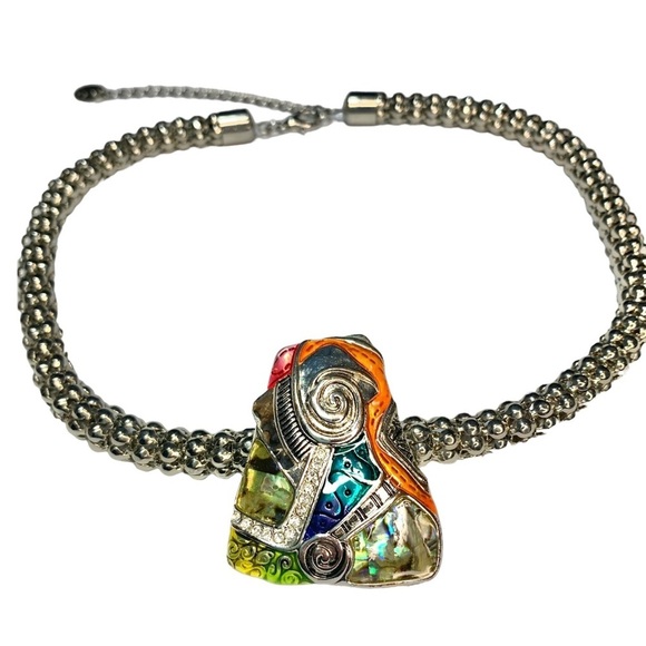 Artist Rainbow Mixed Media Abalone Mosaic Trapezoid Silver Necklace - Picture 2 of 10
